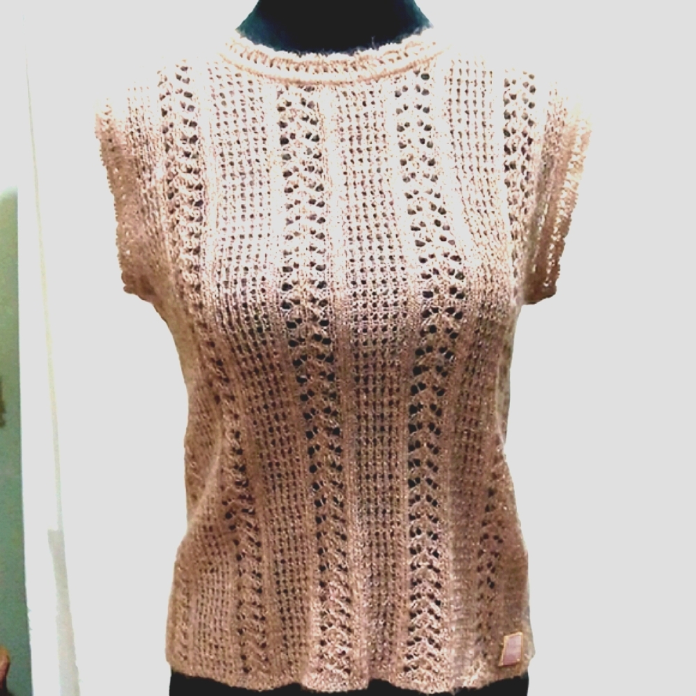 🌸 CHANEL Mohair Lace Weave Sweater Vest Taupe Pink Fuzzy Knit  Leather Logo Tag